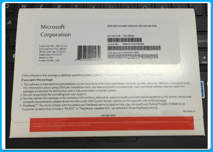 Bloco 64bit DVD do OEM de Microsoft Windows 10 o pro ativou a garantia vitalícia em linha da licença do OEM