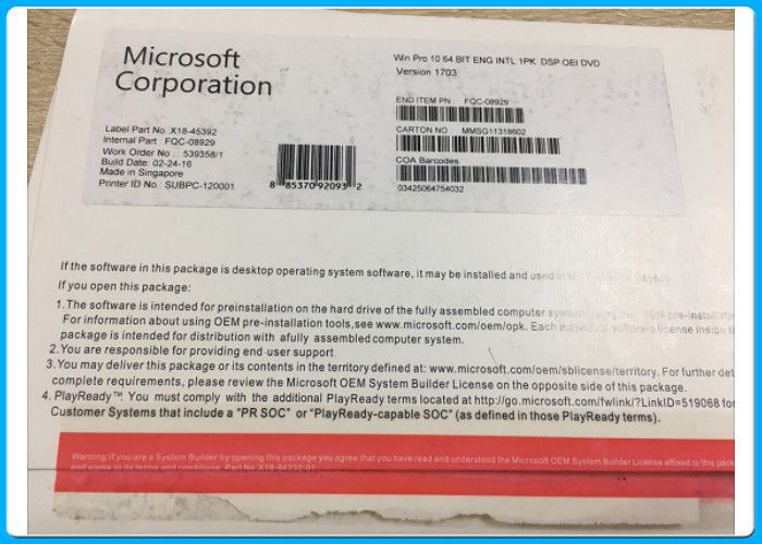 Versão 1703 do bocado DVD do Oem 64 de Microsoft Windows 10 genuínos profissionais pro